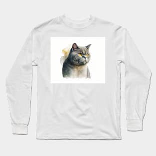 British Shorthair Cat Watercolour Painting Long Sleeve T-Shirt